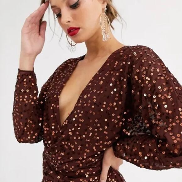 ASOS DESIGN midi dress with batwing sleeve and wrap waist in scatter sequin - Picture 3 of 8